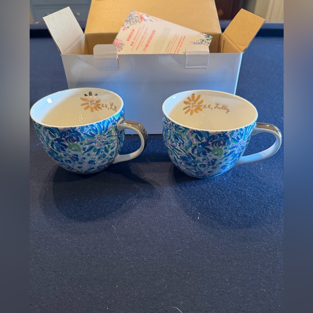 Lilly Pulitzer Blue, Green and Gold Floral Ceramic Mugs (2)